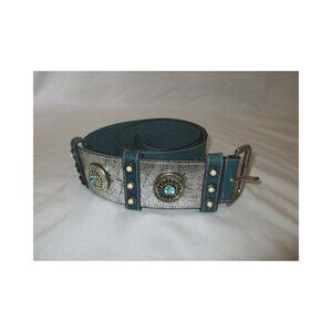 Adoppia Vita Turquoise Blue and Silver Wide Italian Leather Belt w/Rhinestones
